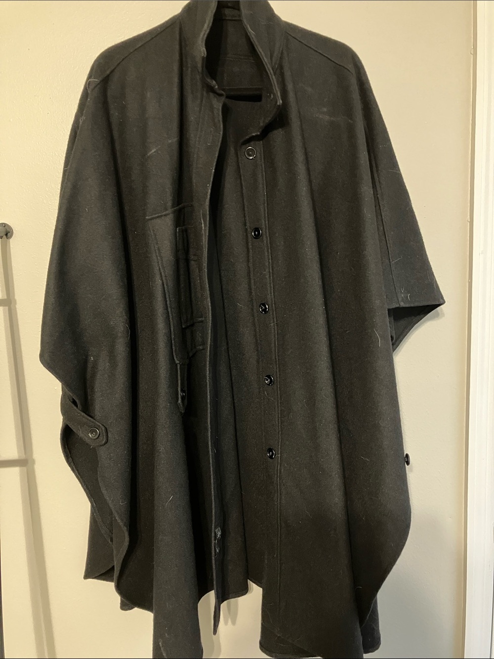 Mark Up California Black Wool Blend Button-Front Cape Trench Coat